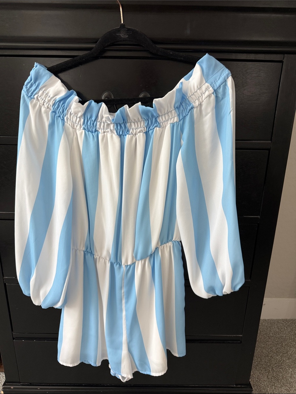 Off-Shoulder One-Piece Romper in Light Blue and White Stripes